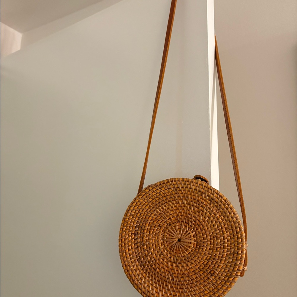 Round Woven Tan Crossbody Bag
